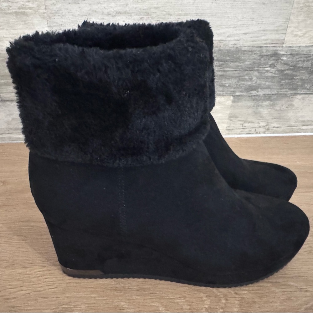 DKNY Black Faux Fur Wedge Boots